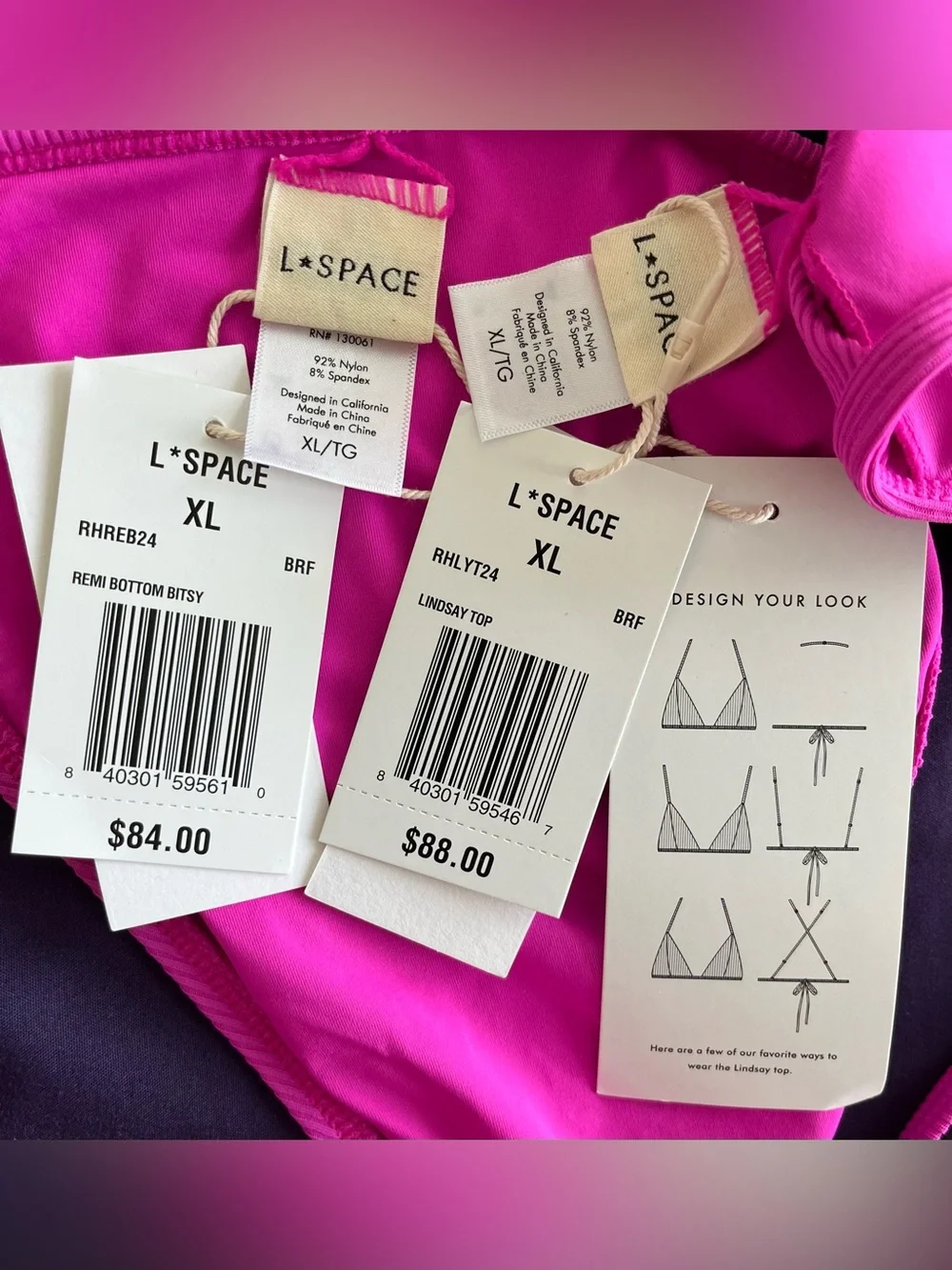 L*Space Bikini Set Lindsay Convertible Top & Remi Bottom XL Fuschia Ribbed Swim
